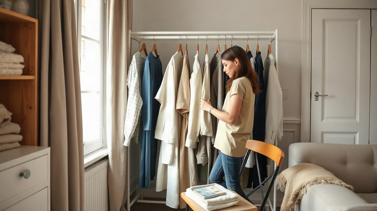 Femme choisissant des vêtements sur un portant, pièces pliées sur une chaise
