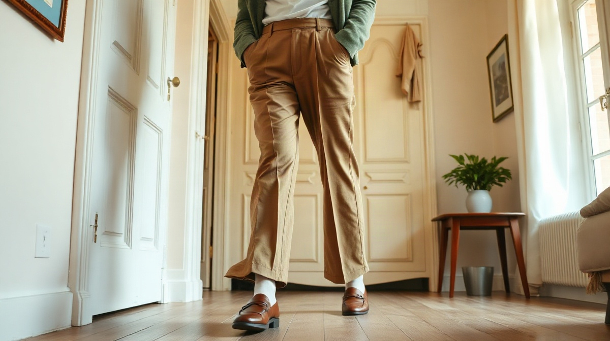 Personne adulte marchant devant une armoire, pantalon large et mocassins en cuir visibles