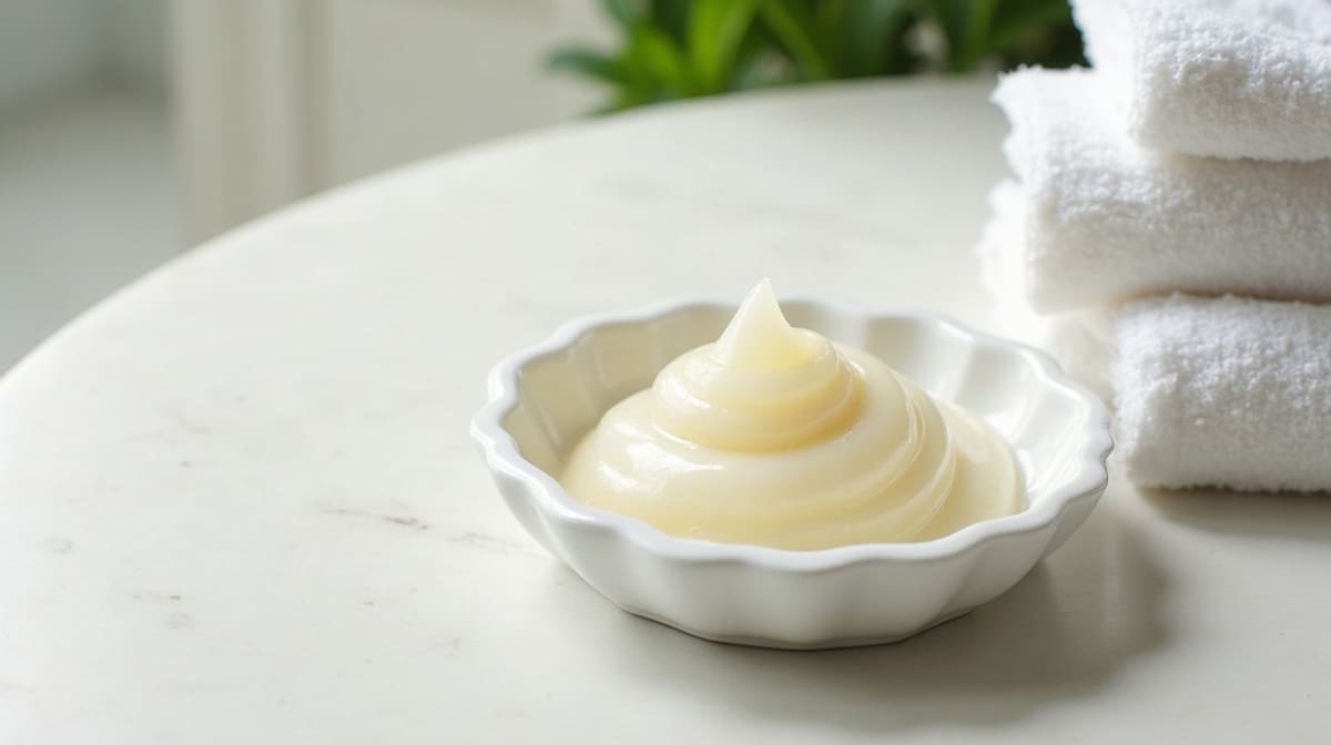 Gel nettoyant doux dans une coupelle blanche et serviette en coton pliée sur une pierre claire