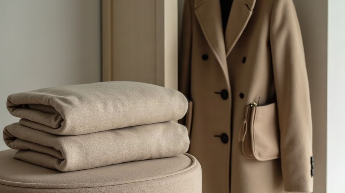 Pull beige plié, manteau en laine neutre et sac en cuir sans logo dans un dressing épuré