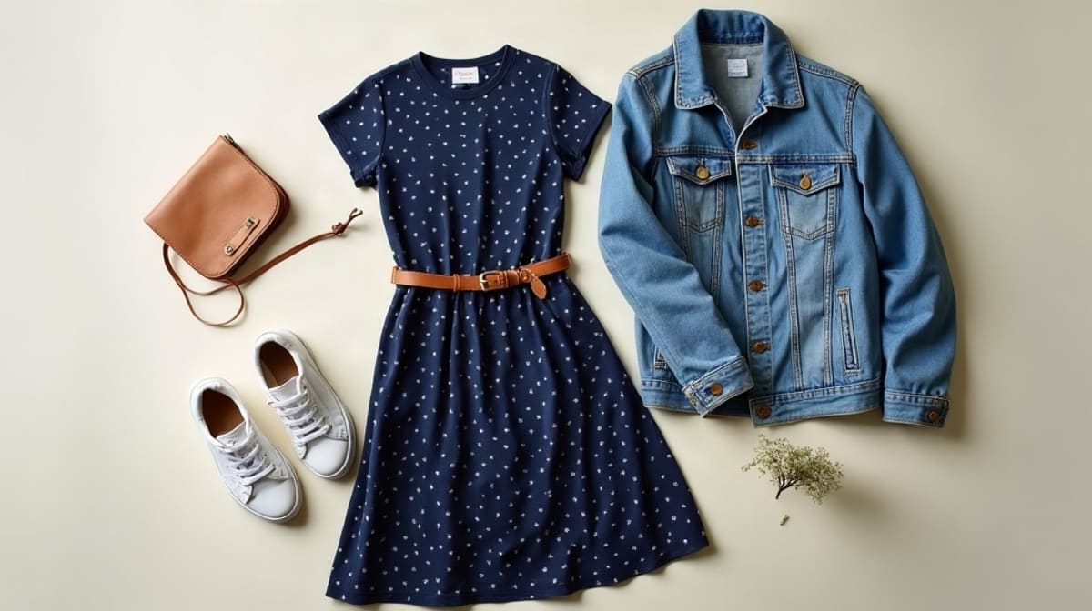 Robe marine à petits pois blancs avec veste en jean et baskets blanches