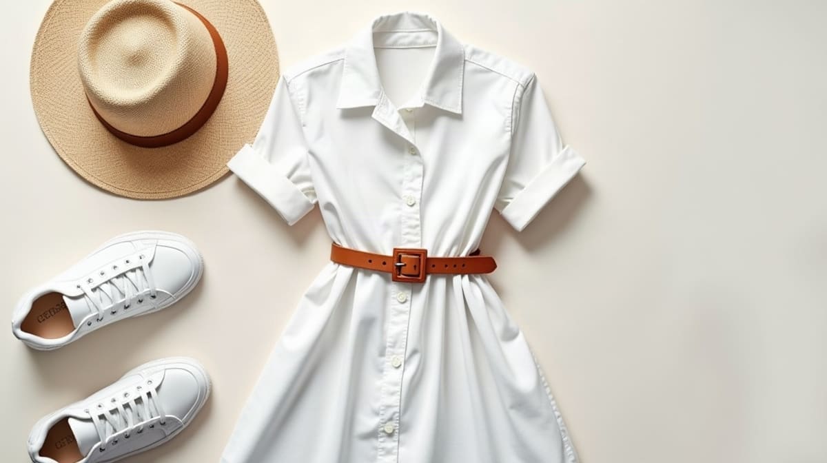 Robe chemise blanche posée à plat avec ceinture en cuir, baskets blanches et chapeau de paille