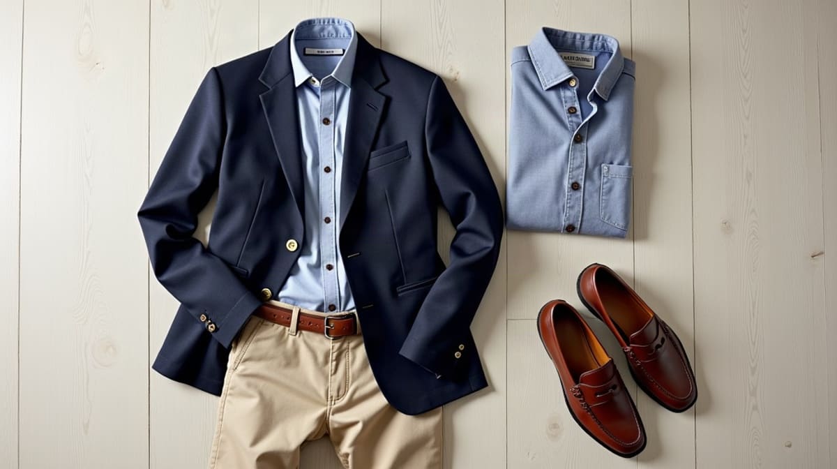 Blazer, chemise oxford, chino beige, ceinture tressée et mocassins en cuir posés à plat sur un parquet clair