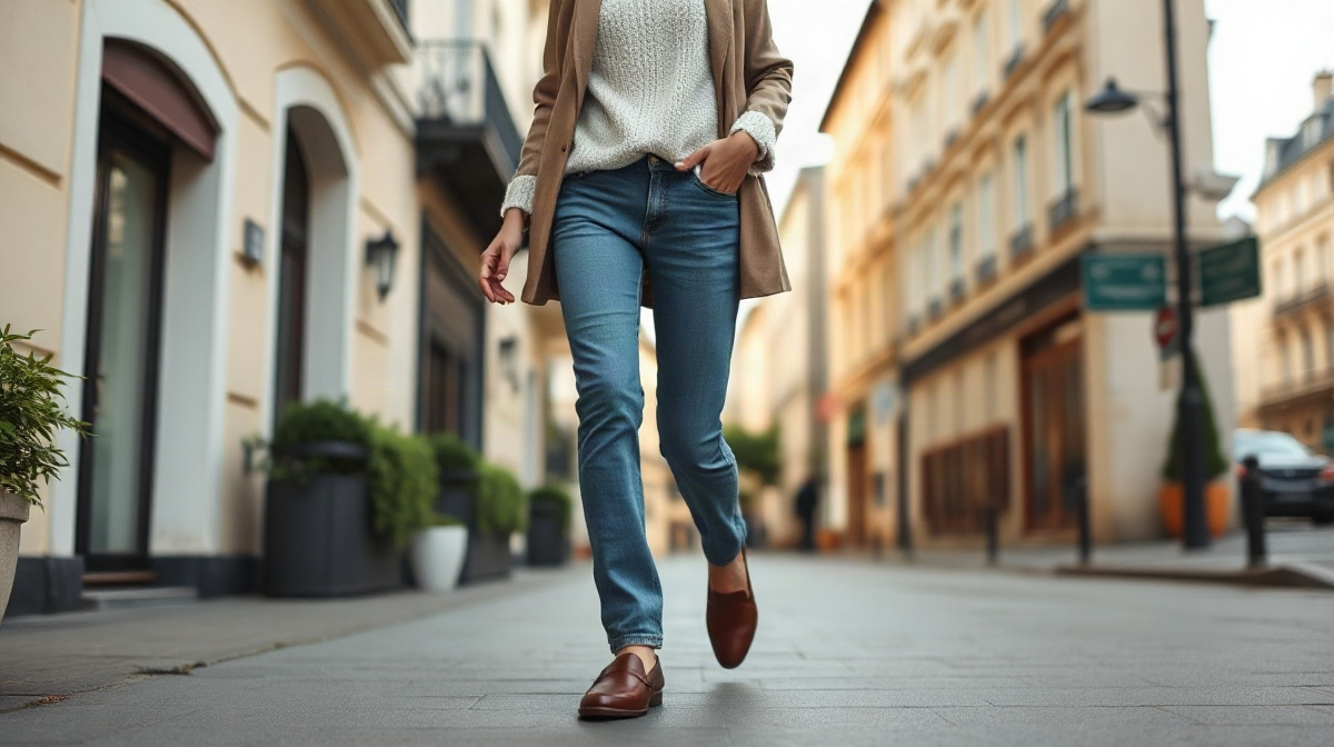 Femme marchant dans un quartier français moderne, en mocassins, jean droit et pull