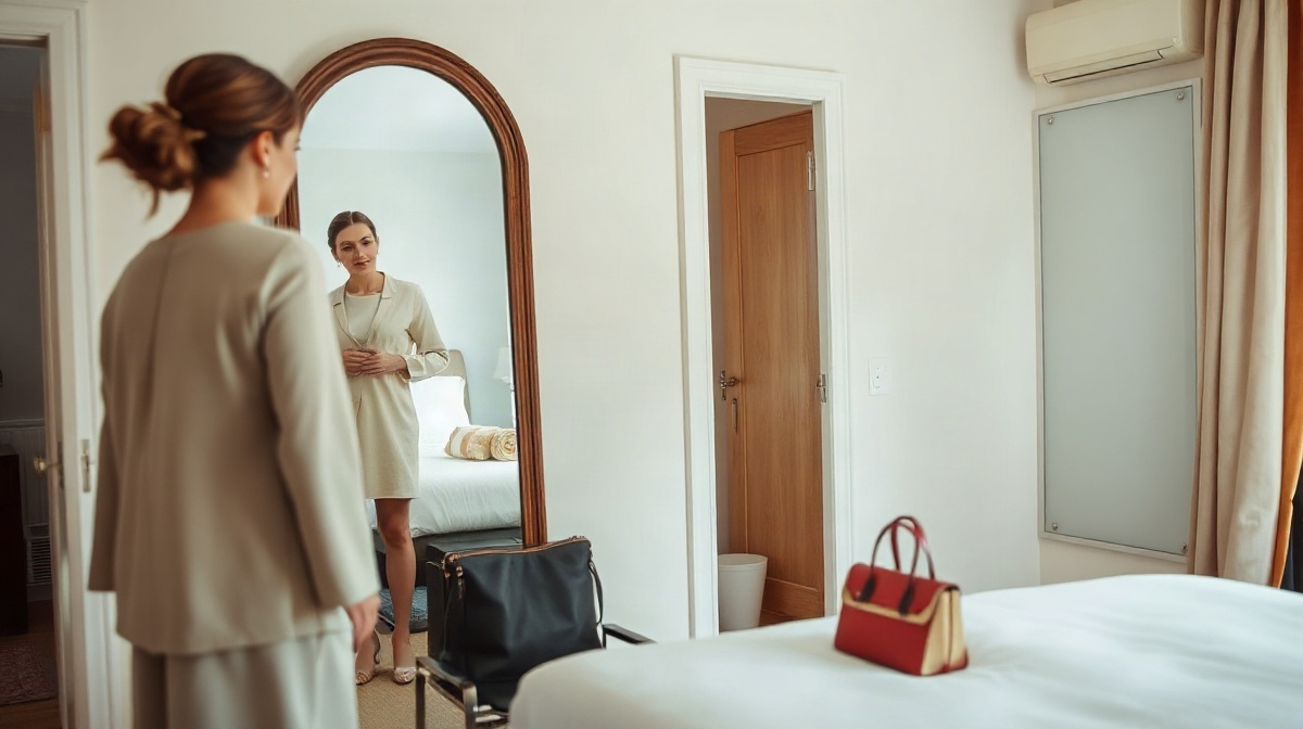 Personne vérifiant son apparence devant un miroir, veste et petit sac à proximité