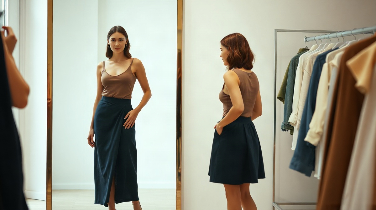 Femme adulte essayant une jupe évasée devant un miroir