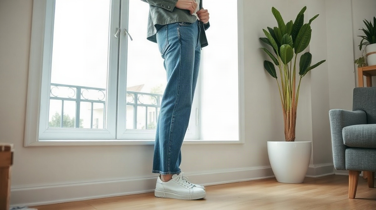 Adulte en jean bleu et baskets blanches ajustant sa veste