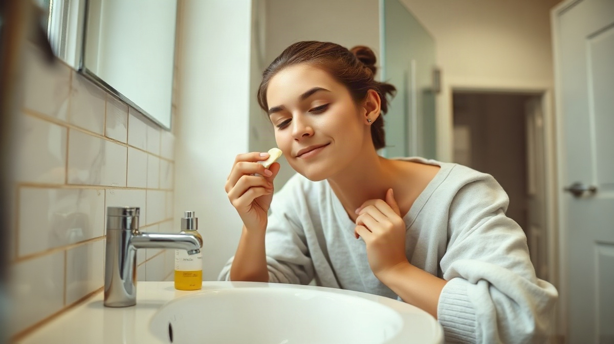 Adolescent appliquant un soin du visage, trois produits sur le lavabo
