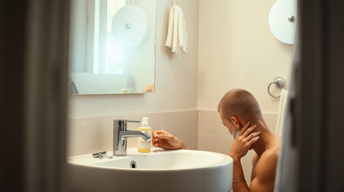 Homme appliquant une crème sur son visage dans une salle de bains