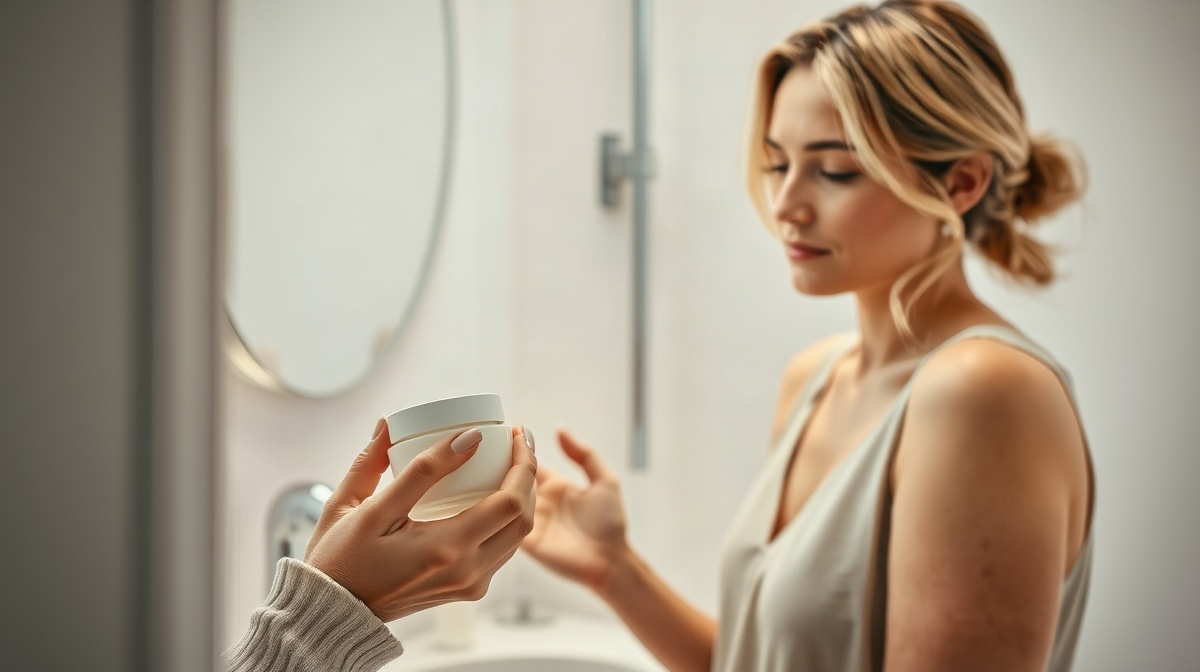 Femme examinant un pot de soin et son emballage